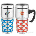 pastic inner stainless steel outer double wall trave mug with handle